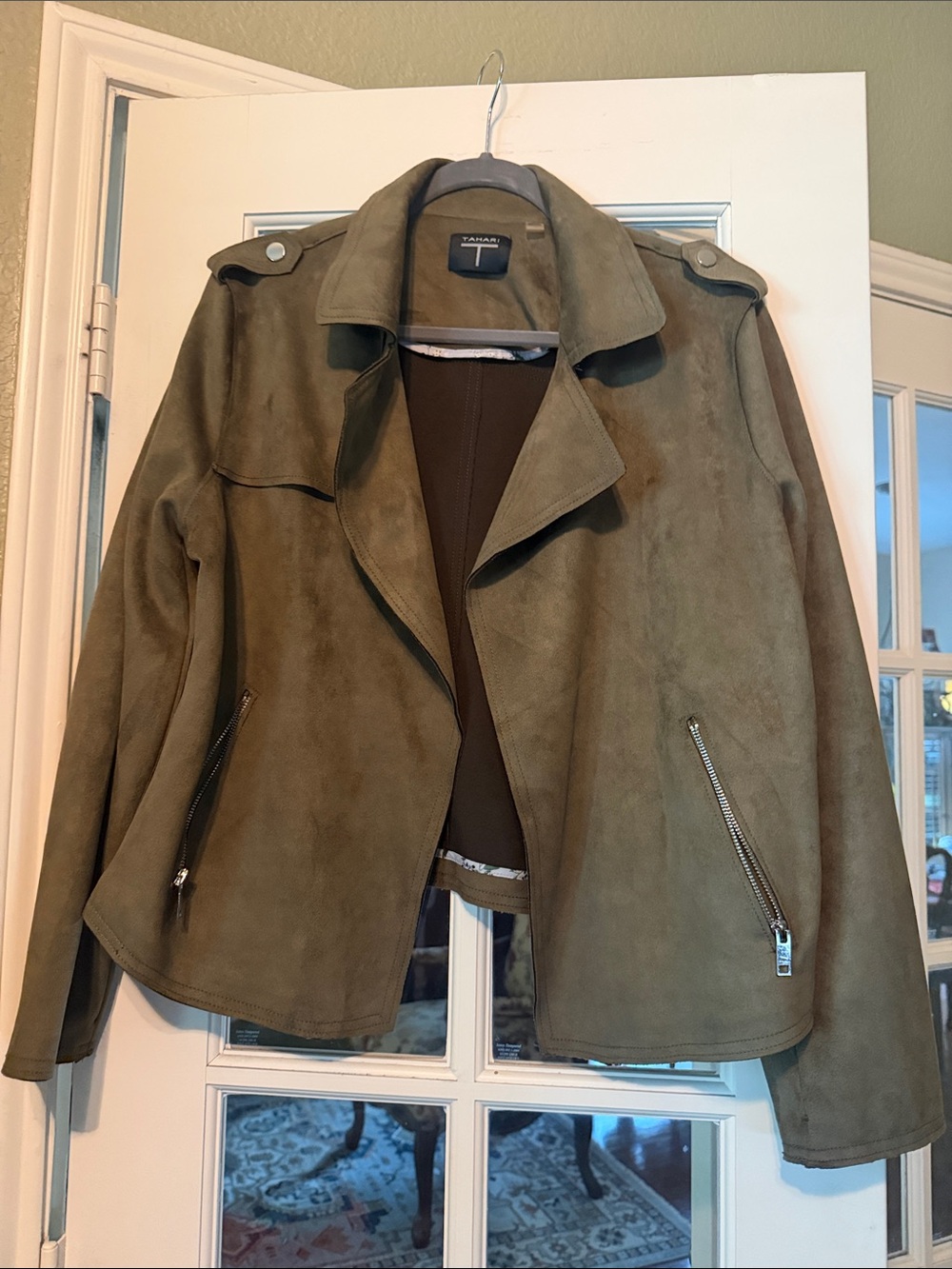 Tahari Olive Green Suede-Look Moto Jacket
